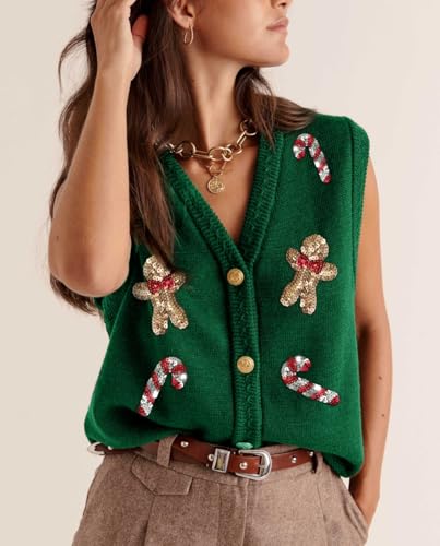 Image of Women Christmas Knit Vest Top Santa Embroidery Sleeveless Button Down Sweater Vest Xmas Snowman Cardigans Tank Top
