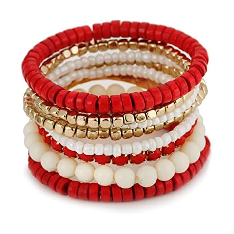 LUREME Bohemian Beads Cube Multi Strand Stretch Stackable Bangle Bracelet Set (bl003172) (Red) Cover