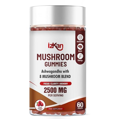 Mushroom Complex Gummies 2500mg - 8 Brain Health Mushrooms Gummies with Ashwagandha Supplement Promotes Calm Focus Memory Mood Immunity & Energy - 60 Count (Halal, Gluten-Free, Vegan) (1)