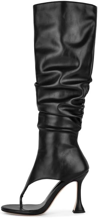 sexytag Women’s Slouchy Knee High Thong Boots – Open Toe Flared Stiletto Heel Wide Calf Side Zipper Dress Boots
