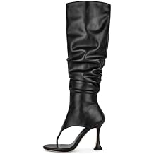 sexytag Womens Slouchy Knee High Thong Boots Open Toe Flared Stiletto Heel Wide Calf Side Zipper Dress Boots
