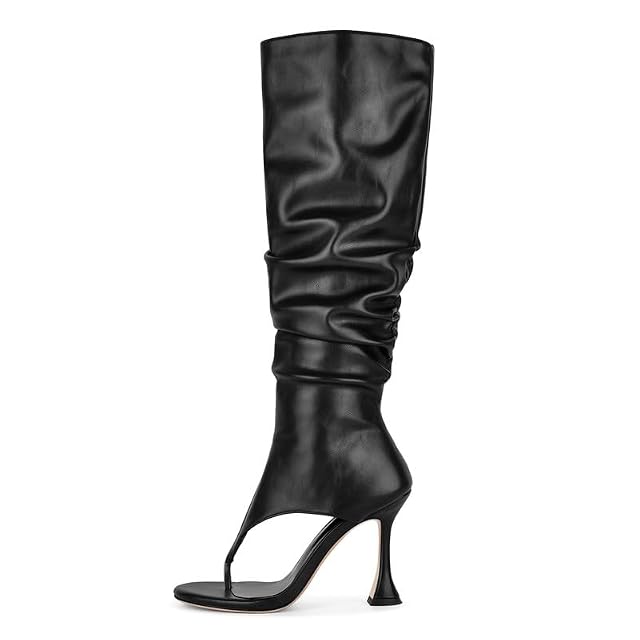 sexytag Womens Slouchy Knee High Thong Boots Open Toe Flared Stiletto Heel Wide Calf Side Zipper Dress Boots