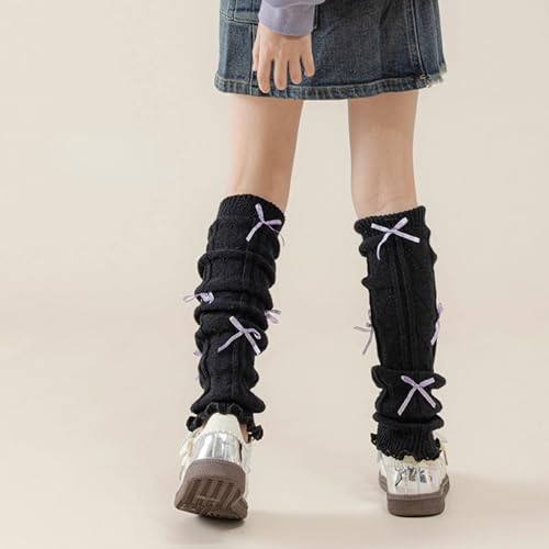 4 Pack Girls' Knitted Leg Warmers Knee High Calf Socks with Cute Bows, Soft Stretchy Warm Long Tube Socks3