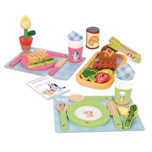 Bluey Toy Fruits and Vegetables for Toddlers, 32-Piece Pretend Food with Plates, Utensils, Baby Play Food & Wooden Toy Fun