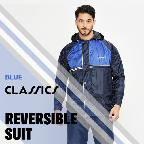 Image of Citizen Reversible Raincoat For Men With Inbuilt Hood, Waterproof Pant & Carry Pouch | Dual Color Sports Style | 190T Polyester With Pvc | Durable & Lightweight Standard Length Rainsuit
