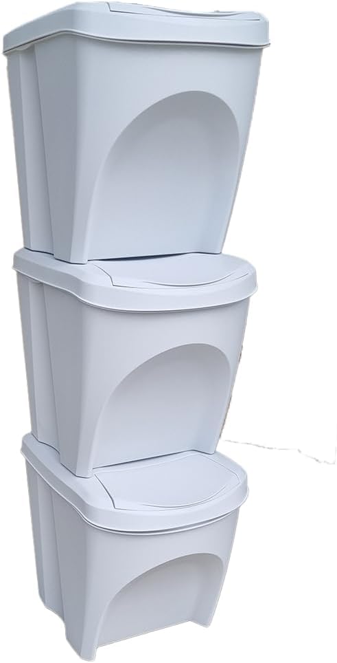 Large Stackable Recycling Bins Set of 3x25L (Brand KrysGo) - Customizable Lids with Recycling Stickers - Waste Sorting for Home, Kitchen, Office (White + White)