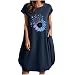 Komiseup Abito estivo da donna, abito estivo da donna, elegante, in cotone e lino, con stampa a girasole, abito casual a maniche corte con tasche e scollo rotondo, Blu marino, XL