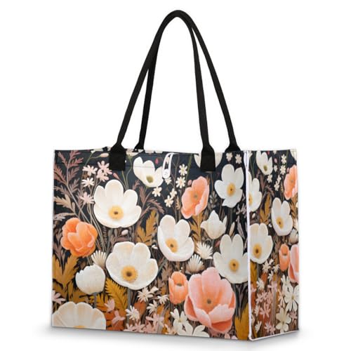 Cute White Red Flower Tote Bag for Women Large Beach Bag Reusable Tote Bags for Work Travel Beach Shopping
