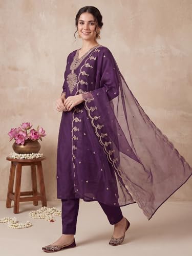 Image of INDO ERA Women's Black Silk Blend Embroidered Mirror Work Kurta & Pant with Dupatta Set (IEDDAI484)
