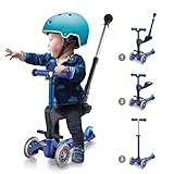 patinete 5 en 1 Diseñado para realizar un aprendizaje progresivo: 1º. Se usa con todos los accesorios para que el niño/a sólo tenga que concentrarse en el giro y no en avanzar. 2º Se prescinde de la barra de empuje y reposapiés para que el niño/a comience a avanzar sentado además de girar. 3º Se prescinde de todos los accesorios para usarse como patinete.