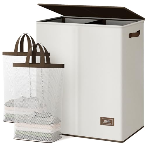 SOLEDI Luxury Double Laundry Hamper with Lid and Removable Bags, Large Hamper for Laundry, Laundry Basket 2 Sections, Collapsible Ditry Clothes Hamper for Bedroom, Laundry Room, Bathroom, Off-white