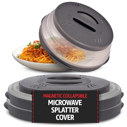 Stronger Magnet Microwave Splatter Cover with stronger magnetic grip, Collapsible 12-Inch BPA-Free Food Lid, Vented Plate Guard, Dishwasher Safe, Space-Saving Magnetic Storage - Gray 2-Pack