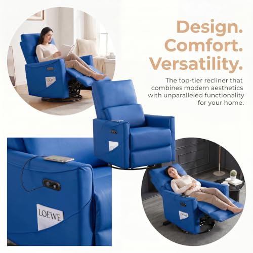Image of Leather Power Swivel Rocking Recliner Chair, Electric Lazy Boy Reclining with Home Theater Seating, 360 Swivel Oversized Recliner Chair for Living Room, Bedroom, Reading, Napping, Blue