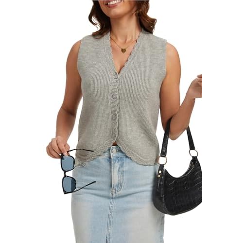 Women's Sweater Vest Top Sleeveless V Neck Button Down Ribbed Knit Casual for Spring Summer Apricot Small