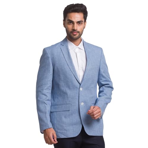 Image of Colorplus Men's Contemporary Fit Cotton Blend Notch Collar Yarn Dyed Pattern Full Sleeve Blue Casual Blazer