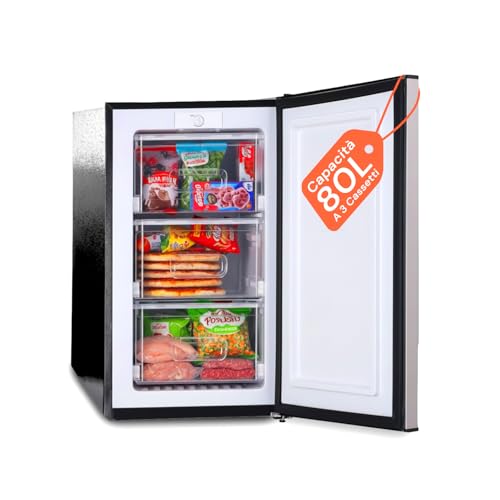 Avilia - Congelatore a Cassetti 80L con 3 Scomparti Estraibili e Porta Silver Elegante, Struttura Compatta da 47x44,5x83,5 cm, Facile da Posizionare e Perfetto come Congelatore Verticale