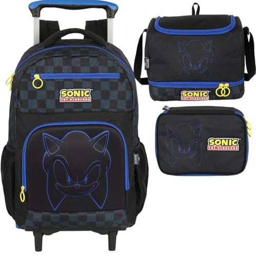 Mochila Infantil Rodinhas Sonic com Lancheira e Estojo 100 Pens
