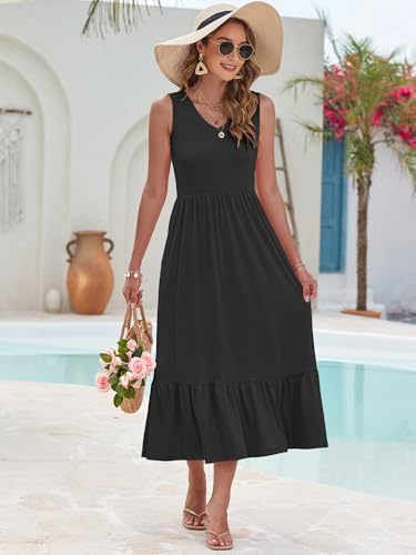 Image of AUSELILY Womens Summer Maxi Dress Casual Sleeveless V Neck Floral Dresses | A line shape with practical side pockets, Vacation dress for resort walks, Pair with low heels and simple jewelry