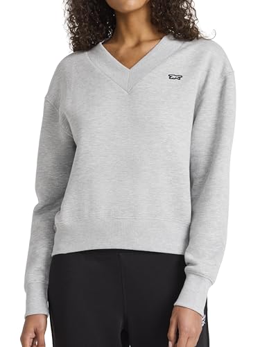 Reebok Women’s Collegiate V-Neck Sweatshirt, Standard Fit, Midweight Cotton-Poly Fabric, Grey Heather, Medium