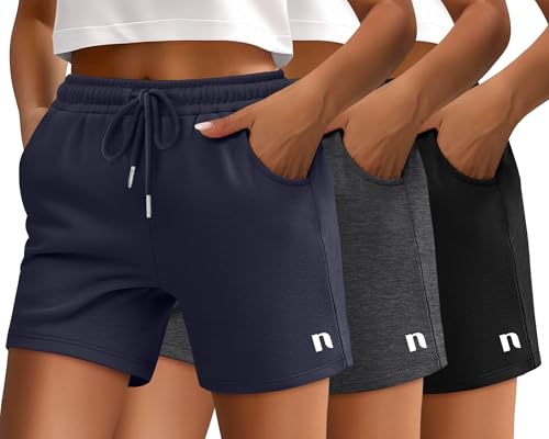 Neer 3 Pack Women's Sweat Shorts, Drawstring Running Short with Pockets, Summer Athletic Casual Walking Gym Lounge Short (Black, Dark Gray, Navy Blue,X-Large)