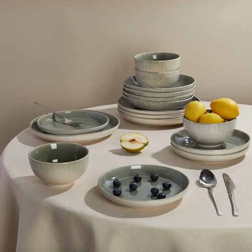 Image of 32 Piece Double Bowl Dinnerware Sets with Pasta Bowls, Highly Chip and Crack Resistant Plates and Bowls Sets, Natural Earthyware Ceramic Dishware Sets, Service for 8 Gradient Green