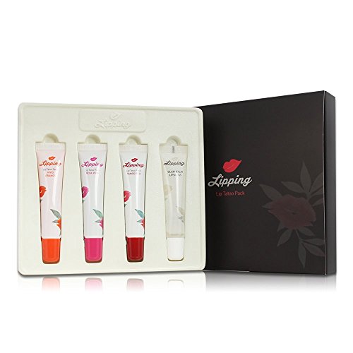 (4 Pack) Lipping Moisturizing Lip Tints and Balm, Long Lasting [All Day Formula] Glossy Liquid Lip Color Stain and Repair Balm [Non Smudge] with Keratin and Collagen - 15g each [Made in Korea]