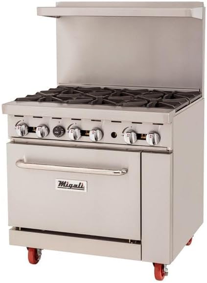 Migali C-RO6B-NG 36" Natural Gas 6 Burner Range with Oven 177,000 BTU - CSA Certified Stainless Steel Exterior - Ideal for Commercial Kitchens