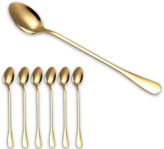 VUL Latte Spoons, Set of 6 Long Handle Spoons, Stainless Steel Coffee Spoons Tea Tpoon Ideal for Latte Coffee, Espresso, Hot Chocolate, Hot Drinks, Dessert & Ice Cream Sundae - 7.6 inch (Gold)