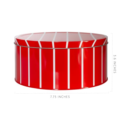 Decorae Red Striped Cookie Tins (2-pack, 7.75 x 3.6 Inches); Round Baked Goods and Cake Tins for Special Occasions, Christmas, Valentines Day and More