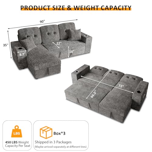 Image of 90 Inch Modular Sectional Sleeper Sofa Bed, 4 in 1 Pull Out Couch Bed with Reclining Backrest | Reversible Storage Chaise | Wide Armrest | Tool Free Assembly, Chenille Fabric, Grey