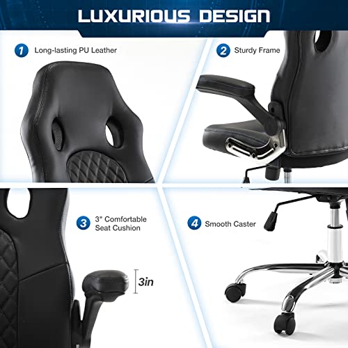 Image of Gaming Office Chair - PU Leather Executive Swivel Computer Desk Chair with Flip-up Armrests and Lumbar Support for Working, Studying, Gaming