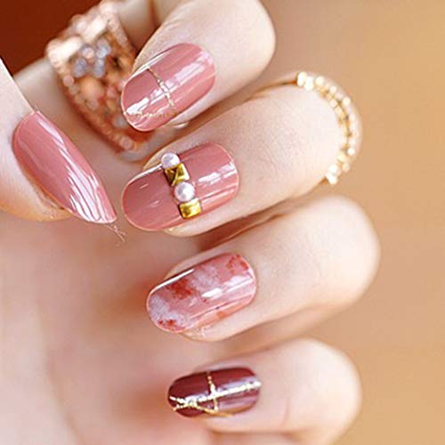Evazen 24Pcs False Nails Pink Marble False Nails with Pearl Bling Glitter Glossy Short Square Nails Full Cover Salon Nails Art Tips for Women