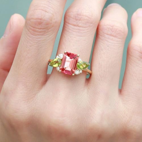 8X6MM Emerald Shape Pink Tourmaline Bridal Wedding Engagement Ring 18K Solid Yellow Gold Peridot And Diamond Women Cluster Jewelry Family Birthstone Birthday Gift For Wife4