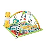 Mit 6 Spielzeugen, die an verschiedenen Stellen angebracht werden können. Darunter ein Knister-Tiger, ein Rassel-Papagei, ein Schmetterlingsmobile, ein BPA-freies Blatt-Beißspielzeug, ein Spiegel und ein Faultier mit Musik und Lichtern.