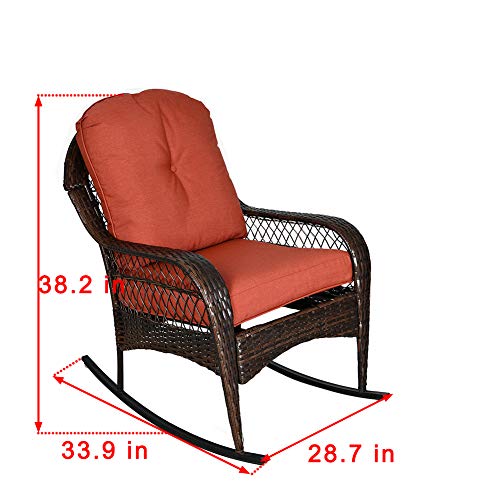 Sundale Outdoor Rocking Chair, Patio Wicker Rocker Chair With Olefin Cushions And Pillow, Rocking Lawn Chair Wicker Patio Furniture - Steel Frame, Brown, Red #TOP6