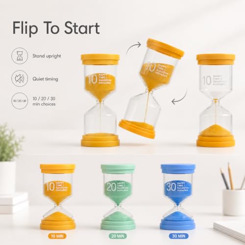 Image of 3 Pack Sand Timer Set, 10 20 30 Minute Colour Coded Hourglass for Kids Study, Homework, Kitchen, Classroom and Desk, Protective Plastic Frame