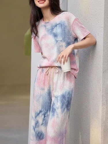 Image of SMOWKLY Korean Night Dress |Summer wear | Lounge Wear |Everyday Pyjama Set |Tie-dye Relaxed Fit Stylish Pajama Sets | Short Sleeve Top & Long Pant Sleepwear Pjs Lounge Set Co-ords Outfit with Pockets