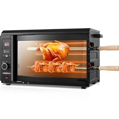 Amjdcoe Smoke-Free Grill Roaster, Portable Electric Grill Roaster with 2 Auto Rotating Skewers for Brazilian BBQ, Rotisserie Chicken, Steak, Fish, Modern Electric Grill for Party, Apartment, Courtyard