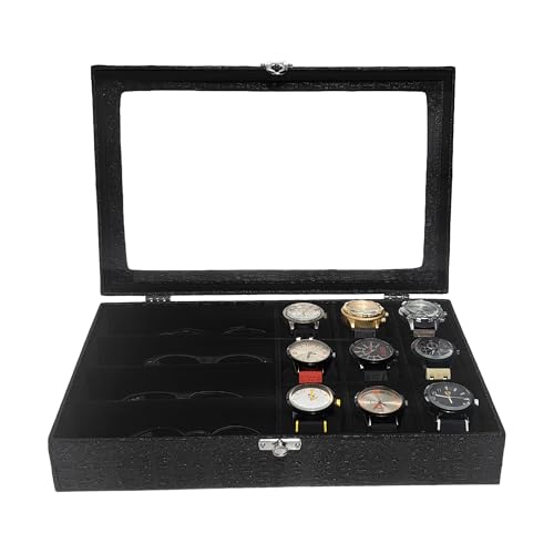 Estojo Caixa para 9 Relógios e 4 Óculos Preto com Interno Maleta Organizadora
