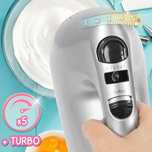 Duronic HM4 SR Hand Mixer 400W Electric Whisk Handheld Kitchen Food Mixers for Baking Dough Cream Egg Beaters with 5 Speeds Turbo Cake Whisks with 2 Beaters 2 Dough Hooks 1 Whisk - Silver Renewed - Image 4