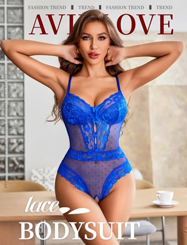 Image of Avidlove Women Sexy Lingerie Sheer Lace Bodysuit V Neck Teddy Lingerie One Piece Mini Babydoll