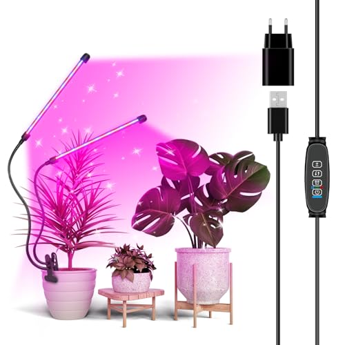 YOJZMA Luce di Coltivazione per Piante, Lampada LED a Clip con Spettro Completo Rosso e Blu, Timer 3/9/12 Ore, 3 Modalità di Accensione, 10 Livelli di Regolazione, Collo Regolabile-2 Teste