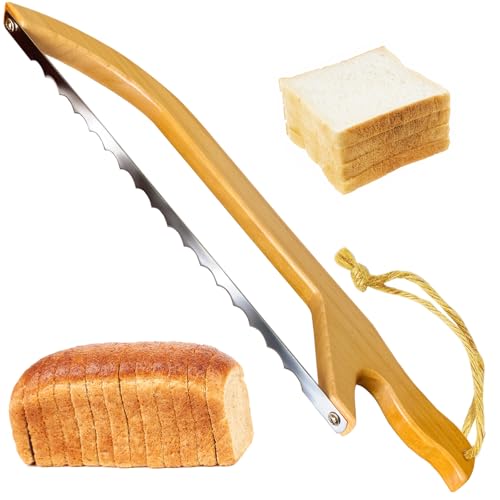 Bread Slicer for Homemade Bread, 15" Wooden Sourdough Bread knife with Bow Design, Premium Stainless Steel Serrated Saw Bread Cutter for Bagels, Baguettes
