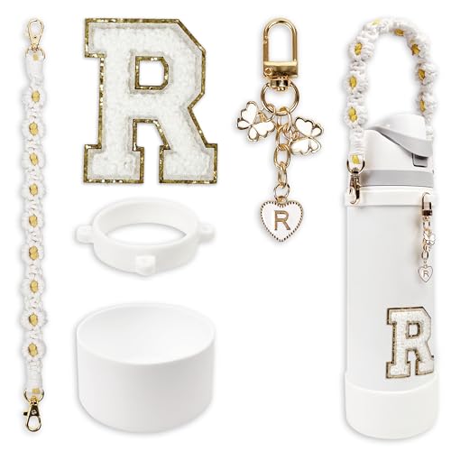 Silicone Boot Cute Monogram Set Compatible with Owala Water Bottle 32 oz - Perfect Letter Owala Accessories for Owala Tumbler, Owala Free Sip, Pink Owala, Black Owala, owala coffee tumbler (White, R)