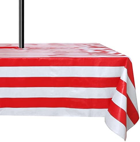 LUSHVIDA 100% PVC Outdoor Tablecloth with Umbrella Hole, Waterproof & Stain Resistant Vinyl Table Cloth for Spring Summer Patio Garden Tabletop Decor, Red/White Stripe, Rectangular 60x102 Inch