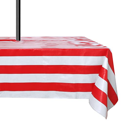 Lushvida 100% Pvc Outdoor Tablecloth With Umbrella Hole, Waterproof & Stain Resistant Vinyl Table Cloth For Spring Summer Patio Garden Tabletop Decor, Red/White Stripe, Rectangular 60X102 Inch #TOP8