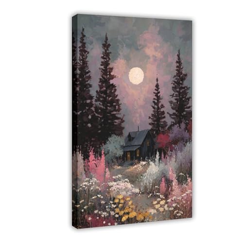 Moonlit Cabin Wildflower Wall Art Canvas Print, Impasto Night Landscape