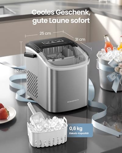 SONGMICS Eiswürfelmaschine, Eiswürfelbereiter, Eismaschine mit Selbstreinigung, in 6 Minuten 9 Würfel in 2 Größen, 12 kg in 24 Stunden, tragbar, Küche, WG, Party, Camping, Silbergrau XZB001E1EU