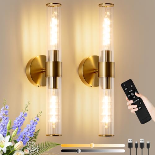 Image of Rechargeable Wall Sconce Set of 2, Battery Operated Wall Sconce, Wireless Wall Lamp with Vertically Striped Glass Tube, Non-Hardwired Wall Sconces, Modern Vanity Light Fixtures for Bedroom, Hallway
