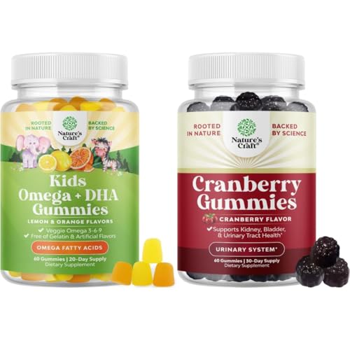 Bundle of Plant Based Omega 3 Gummies for Kids and Natural Cranberry Gummies for Women and Men - for Vision Immunity and Focus Support - for Urinary Tract Health Kidney Support Bladder and Immunity